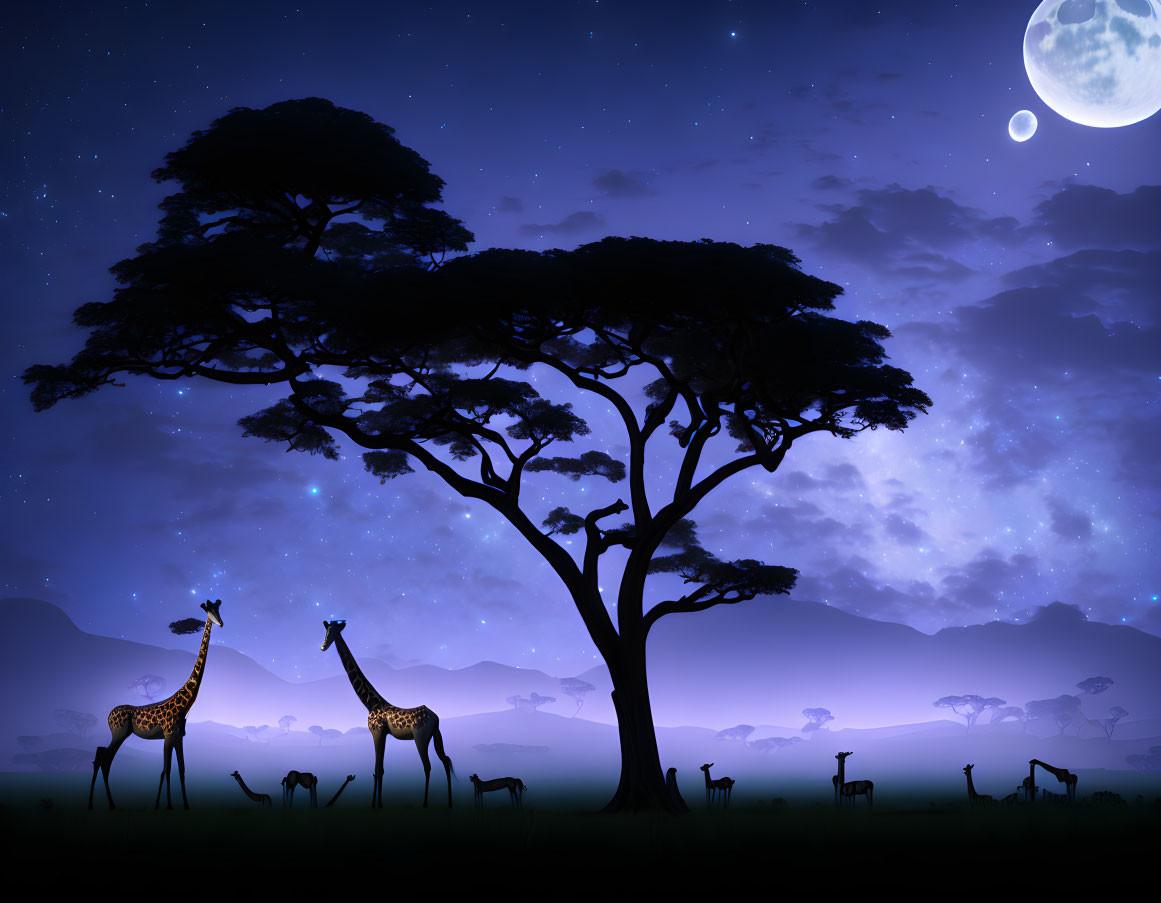 Night Landscape with Giraffes and Trees Silhouetted Against Starry Sky