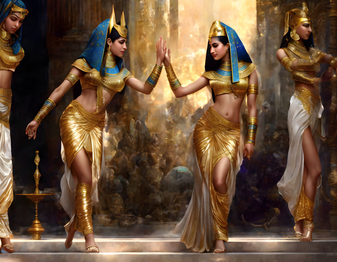 Ancient Egyptian-style women in ornate attire performing ritual dance.