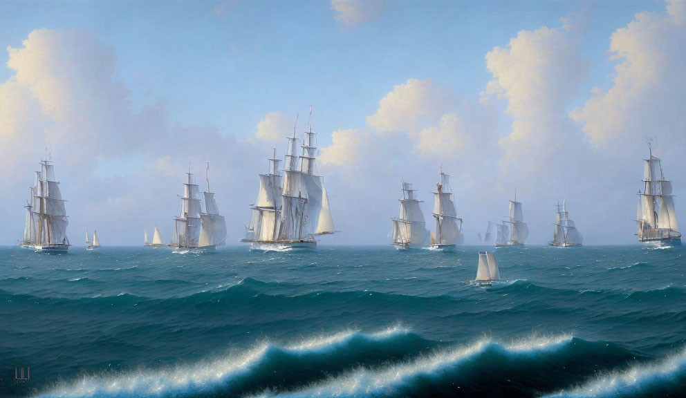 Tall ships with billowing sails on calm ocean under fluffy clouds