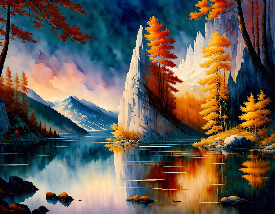 Colorful Autumn Landscape: Trees, Lake, Cliff Walls, Sunset Sky