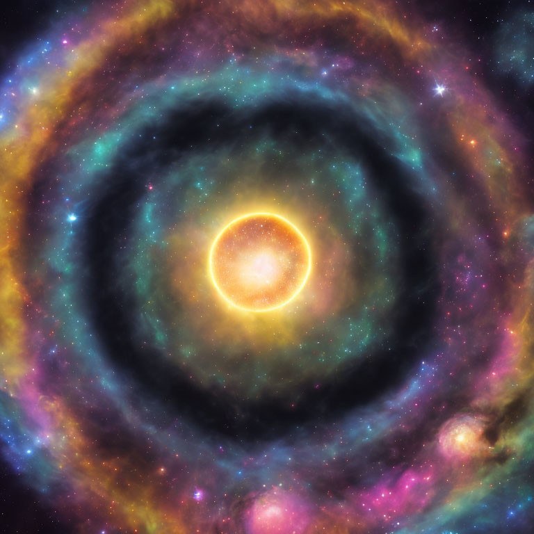 Colorful cosmic image with central star and glowing gases in blues, purples, and yellows