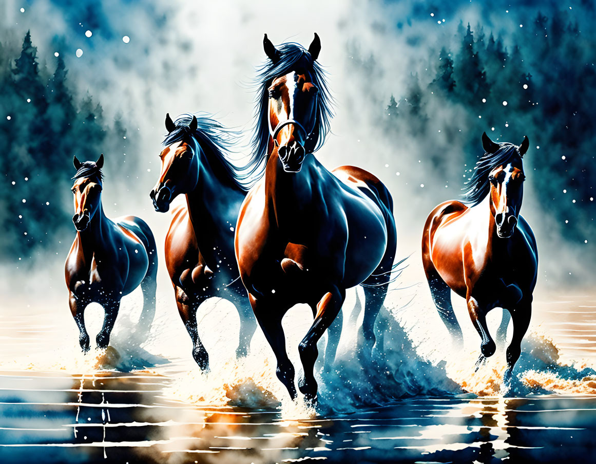 Majestic horses galloping in water with mystical forest background