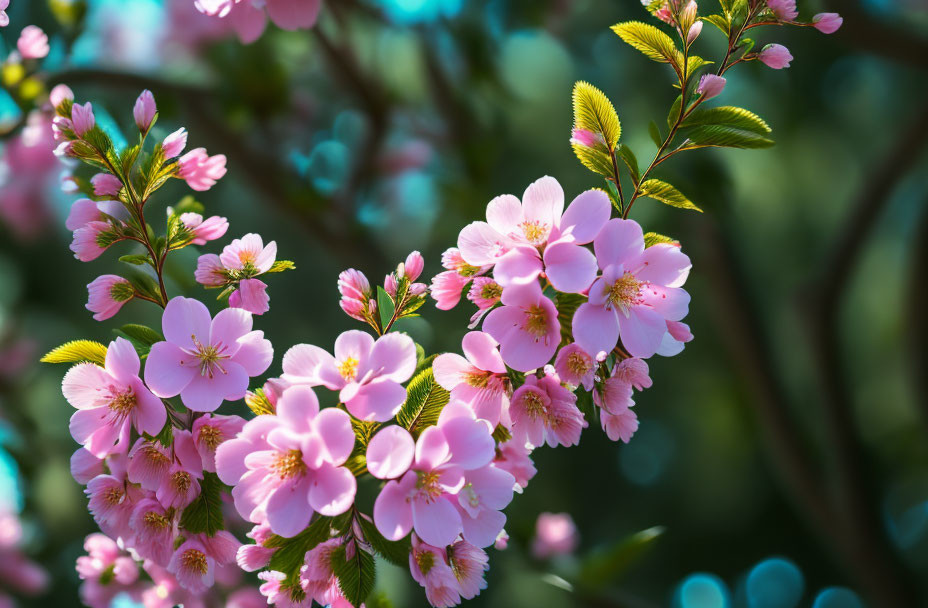 Pink Sakura Flowers in Sunlight with Green Leaves