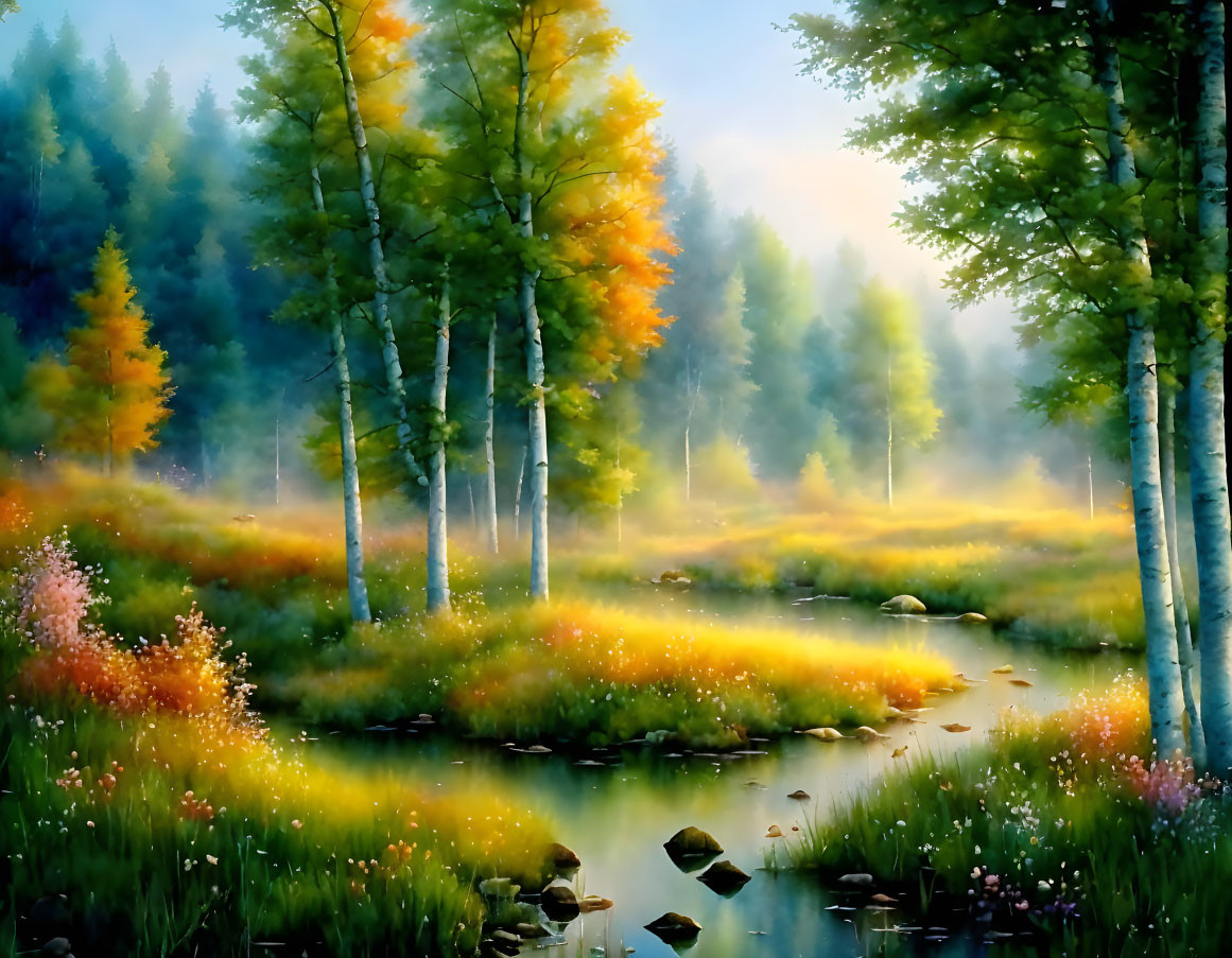 Tranquil autumn landscape with stream and misty sky