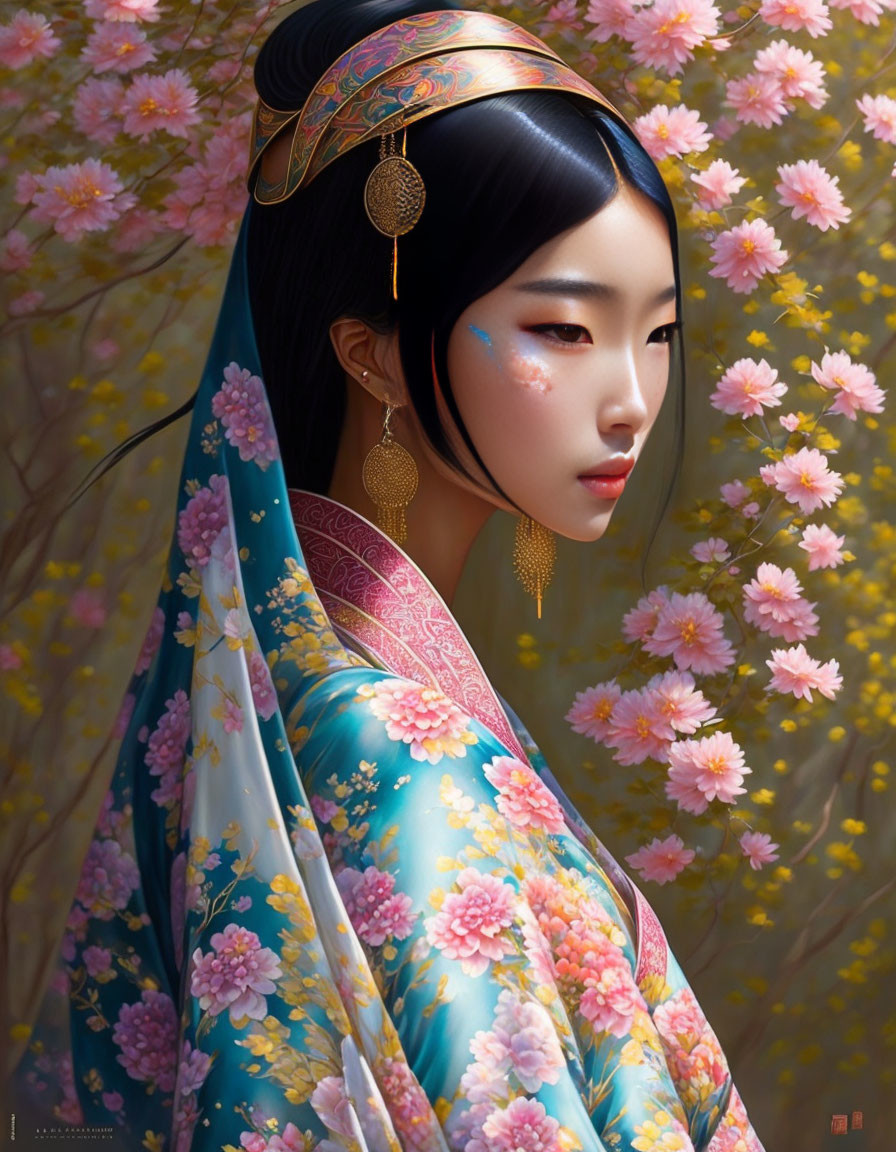 Digital painting: Woman in East Asian attire with floral prints and gold jewelry in pink blossom backdrop