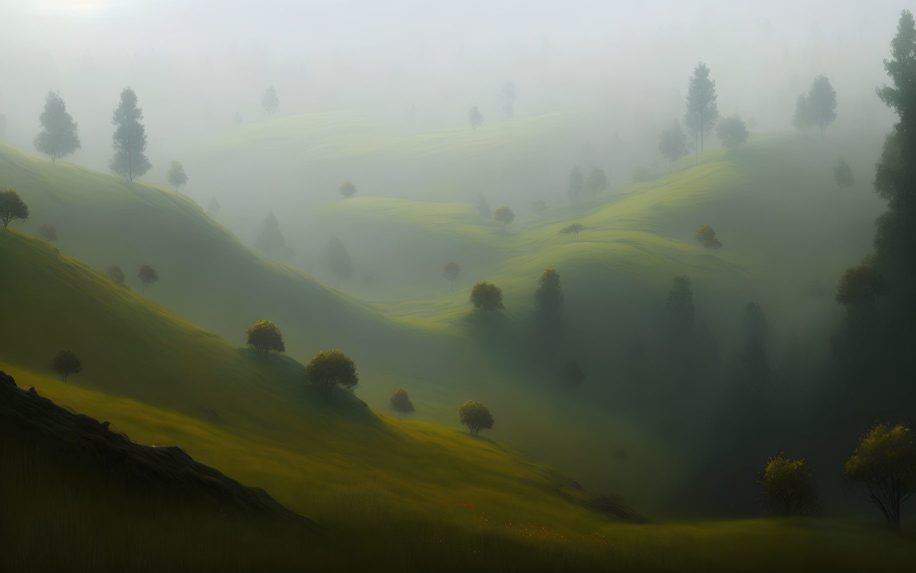 Serene misty landscape with lush green hills and gentle fog