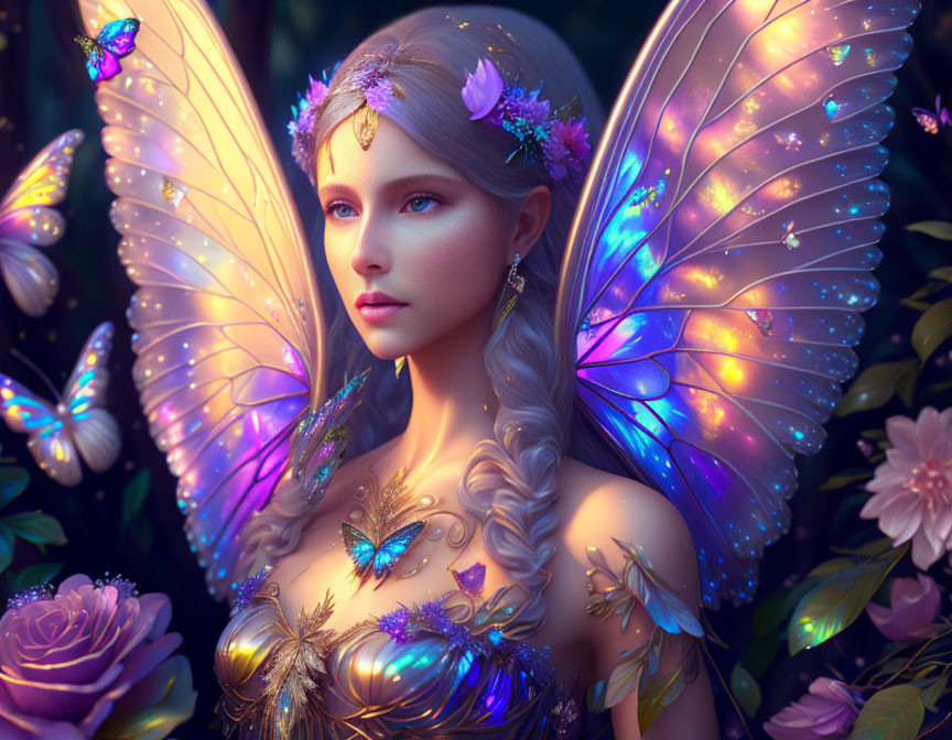 Fantasy illustration of luminescent-winged fairy with butterflies and flowers