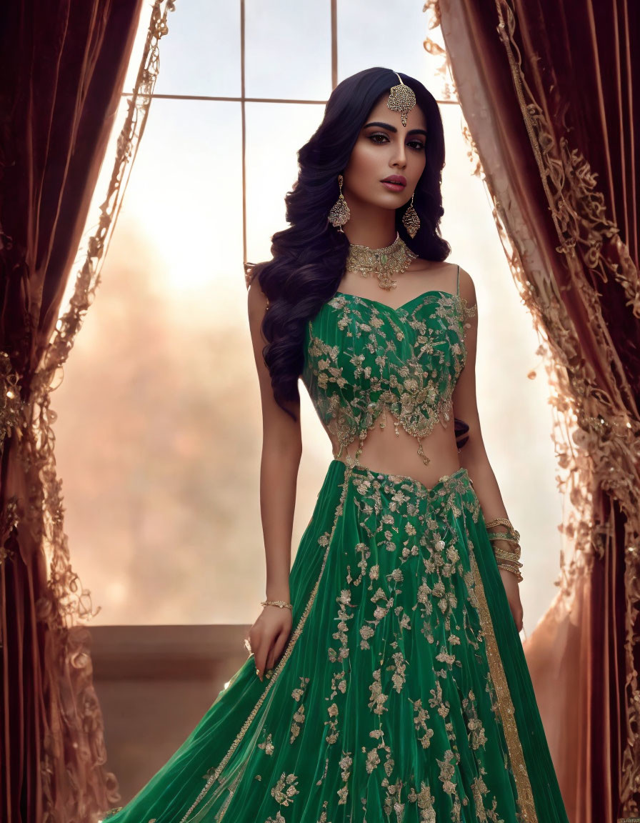 Traditional green attire with golden embroidery on a woman by a window