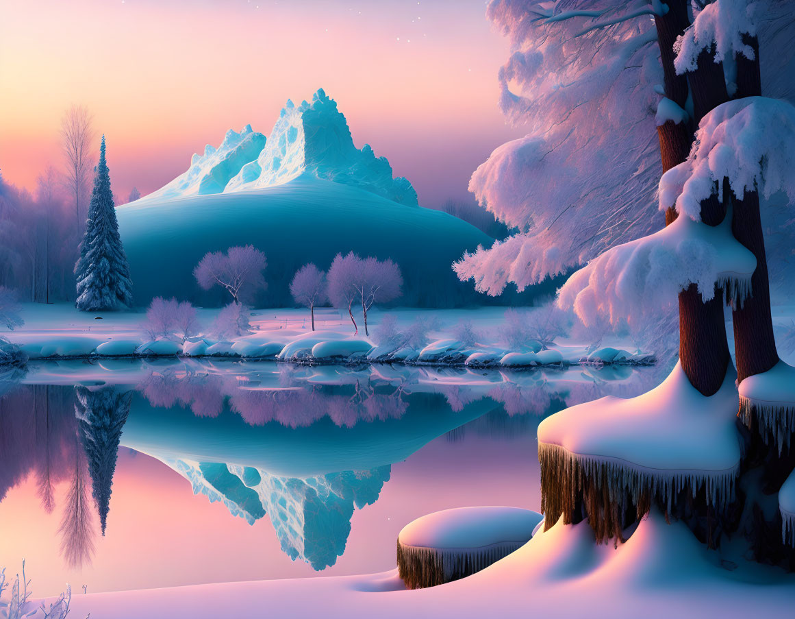 Snow-covered trees, icy pond, pink sky, snow-capped mountains in serene winter landscape