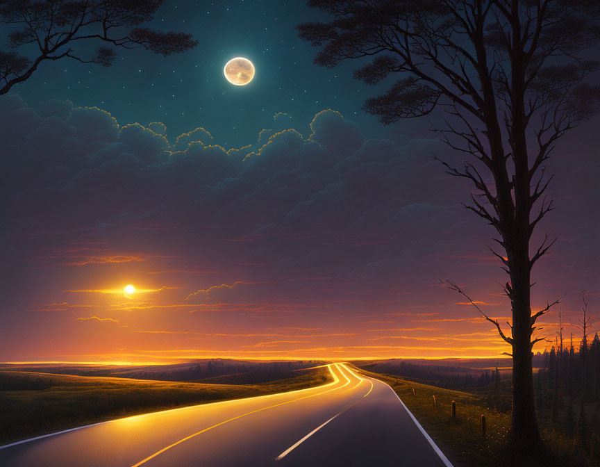 Night road stretching into sunset horizon under starry sky with moon and silhouetted trees