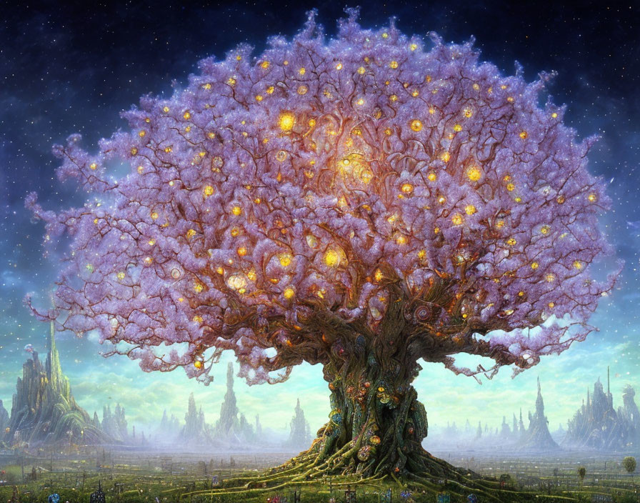 Majestic fantasy tree with purple foliage and distant castle in mystical landscape