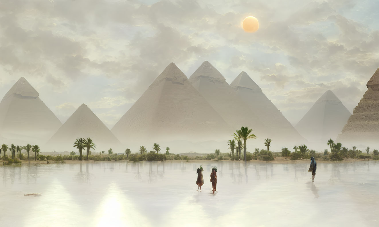 People walking on water with sun reflections, pyramids, and cloudy sky