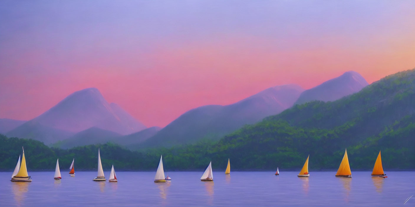 Tranquil Lake with Sailboats, Purple Mountains, and Pastel Sunset Sky