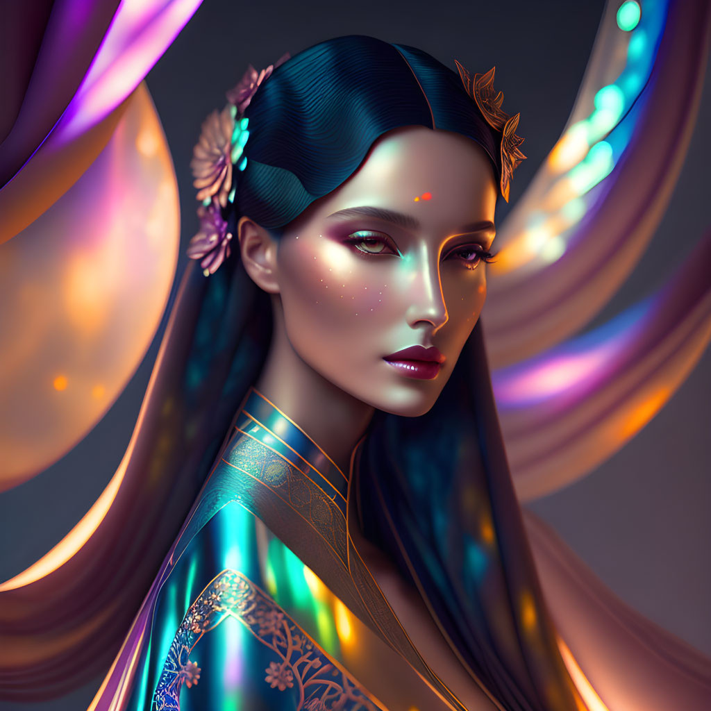 Illustrated woman with sleek hairstyle, flowers, glowing skin, vibrant traditional outfit