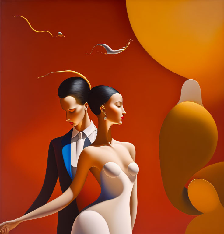 Stylized digital artwork: Elegant couple with exaggerated features on warm red backdrop