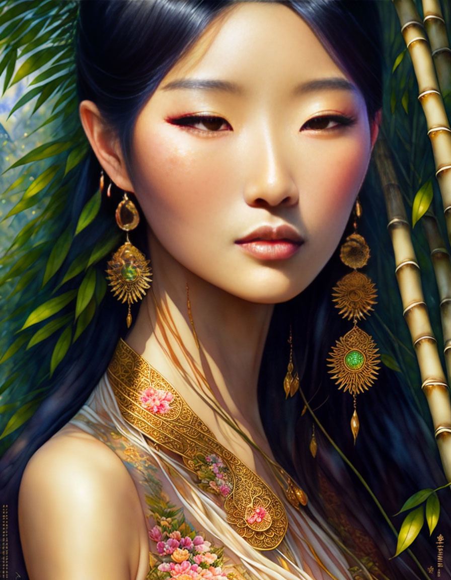 Digital artwork featuring woman with Asian features and gold jewelry in lush bamboo setting