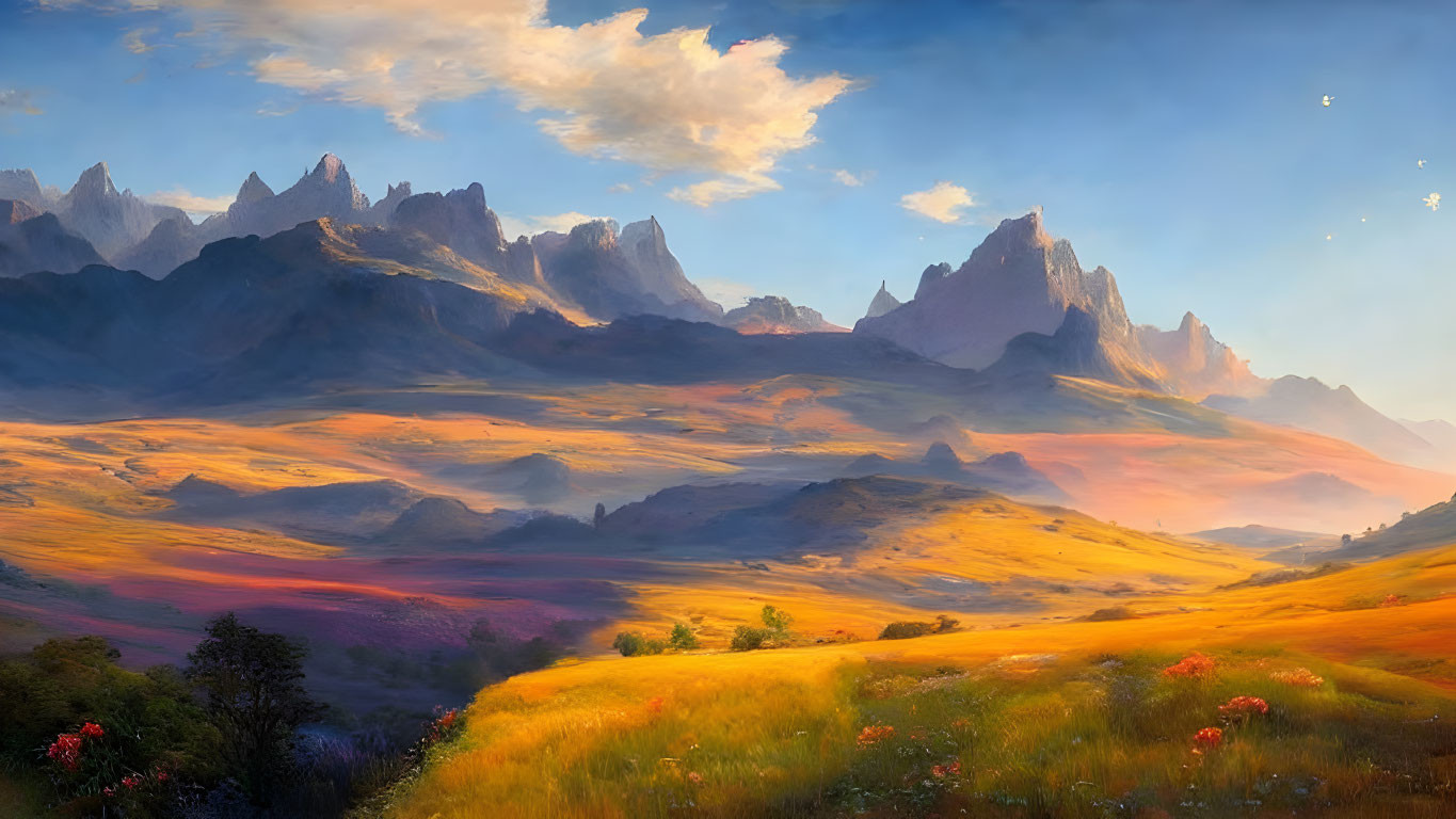 Tranquil landscape with golden fields, wildflowers, and rugged mountains