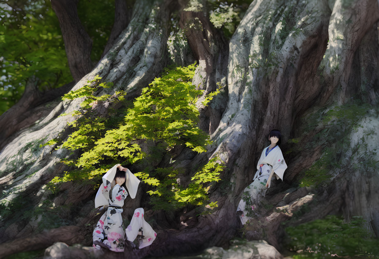 Two People in Traditional Attire Sitting by Large Tree