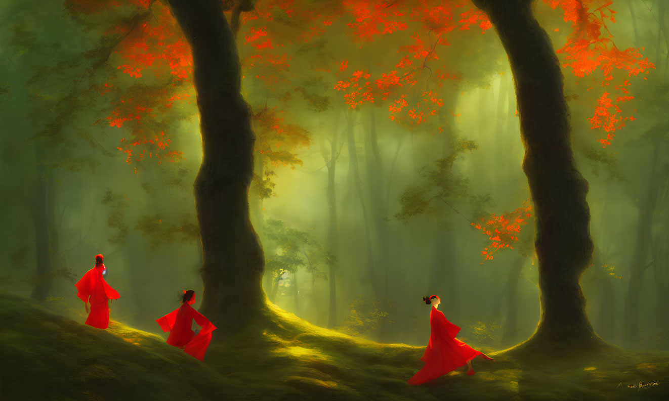 Three People in Red Robes Explore Mystical Forest with Golden Light