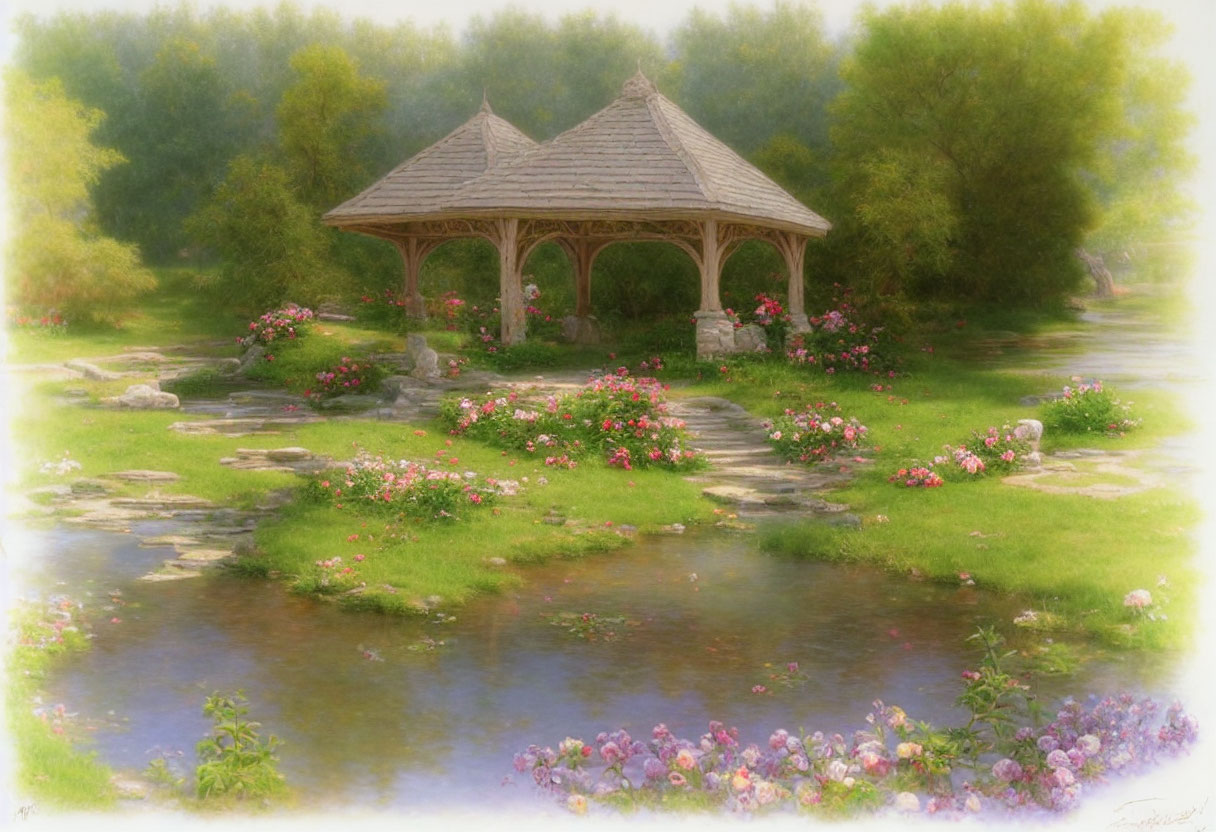 Tranquil garden with wooden gazebo and pink flowers