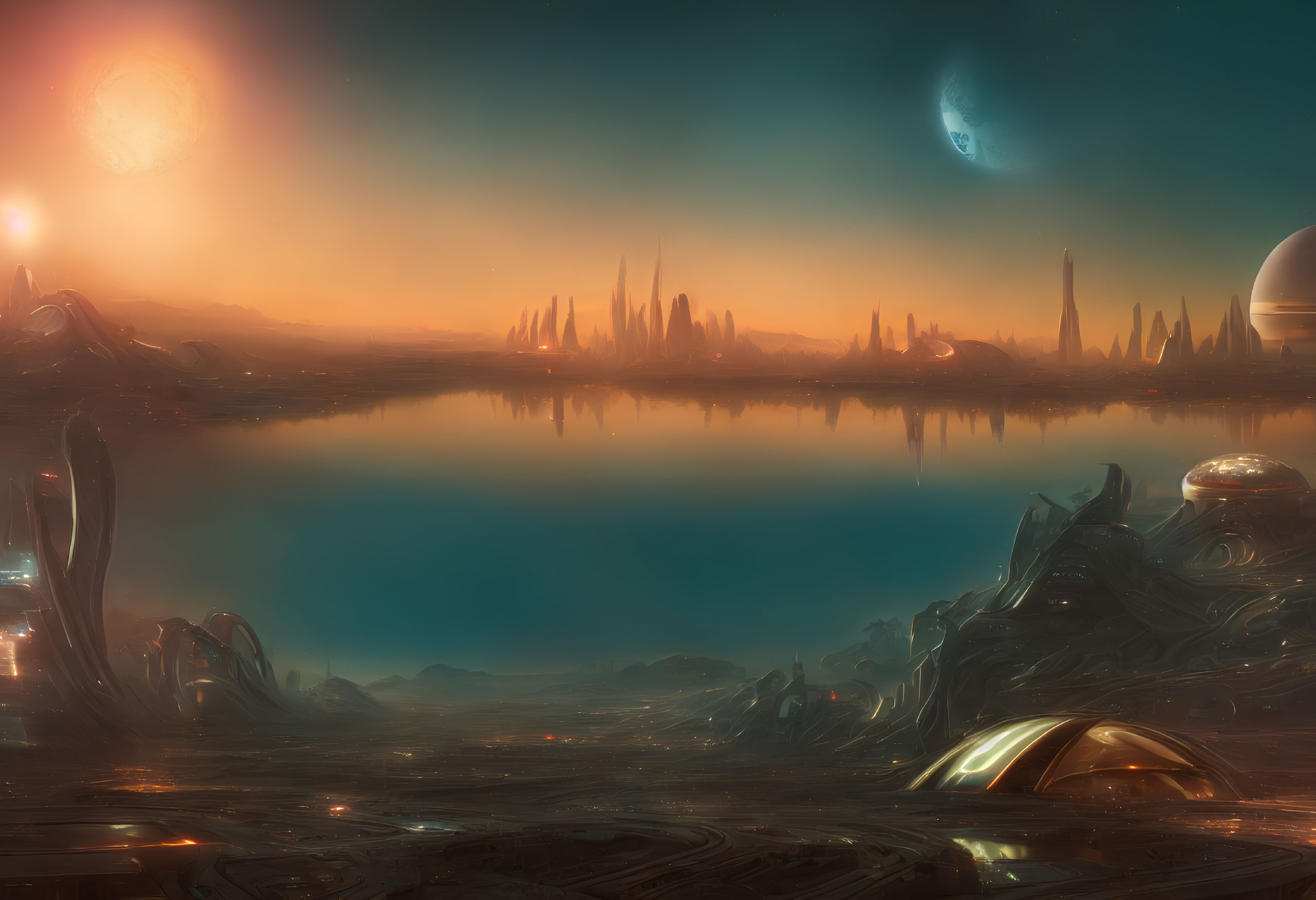 Futuristic landscape with towering spires, serene lake, multiple moons, and distant sun setting