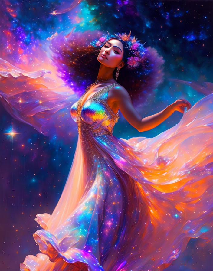 Cosmic-themed woman in radiant dress against starry nebula backdrop