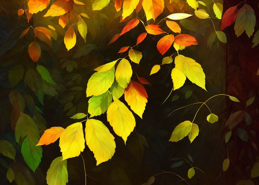 Colorful autumn leaves against dark forest background