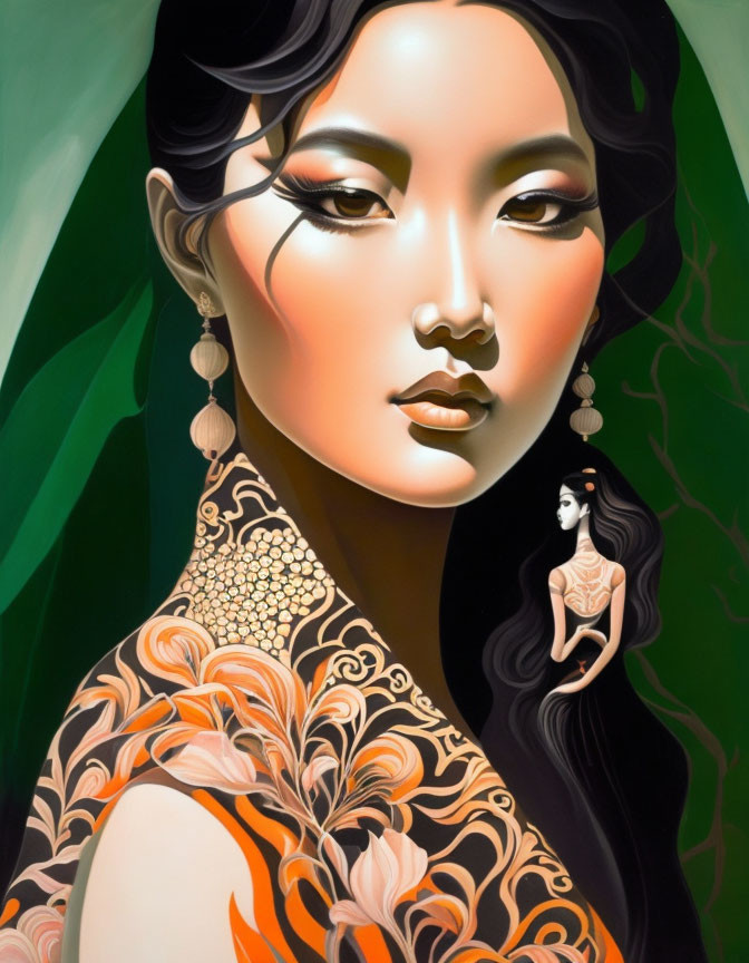 Illustrated portrait of woman with tattoos and earrings on green backdrop.