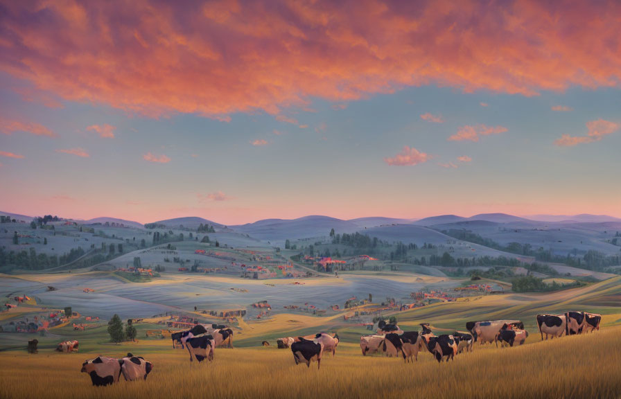 Rural landscape with cows grazing in golden field and farmhouses under vibrant sunset sky