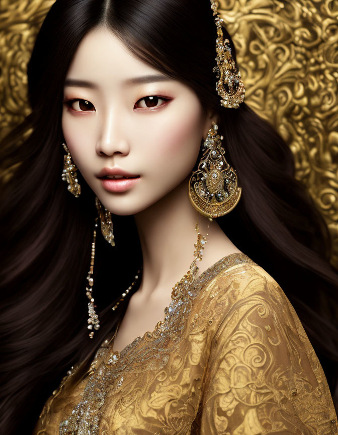 Traditional portrait of woman with long dark hair and golden jewelry in richly embroidered gold outfit