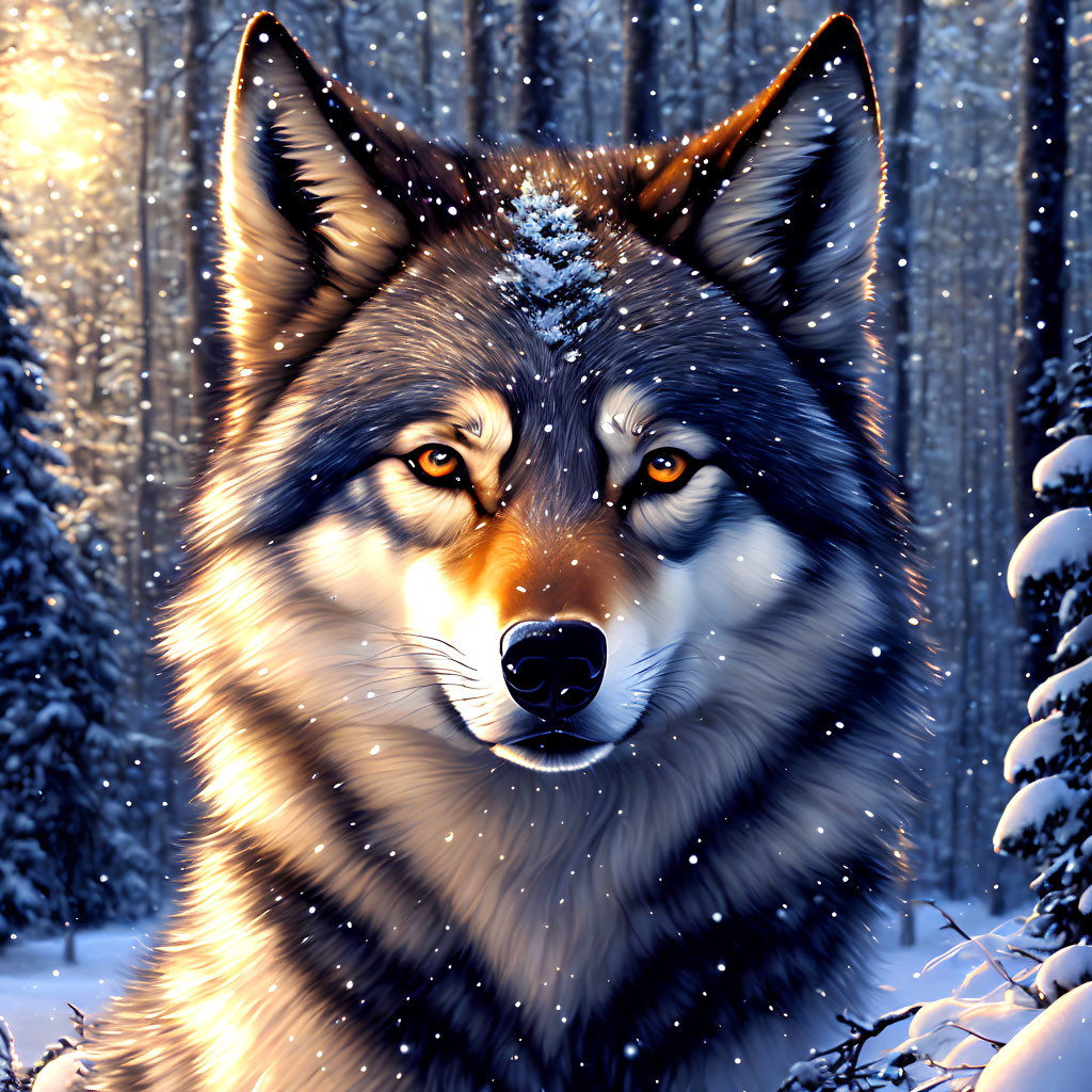 Detailed Wolf Illustration in Snowy Forest with Piercing Eyes