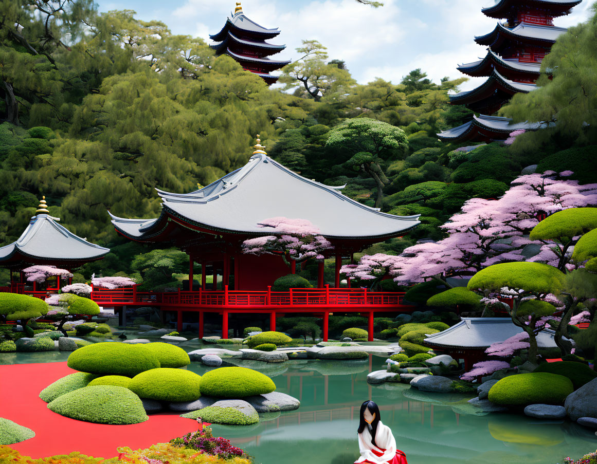 Tranquil Japanese garden with cherry blossoms, pagodas, red bridge, and kimono