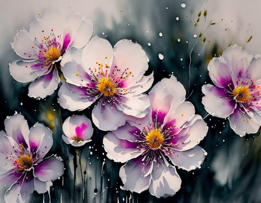 Stylized white and pink flowers with yellow centers on blurred grey background