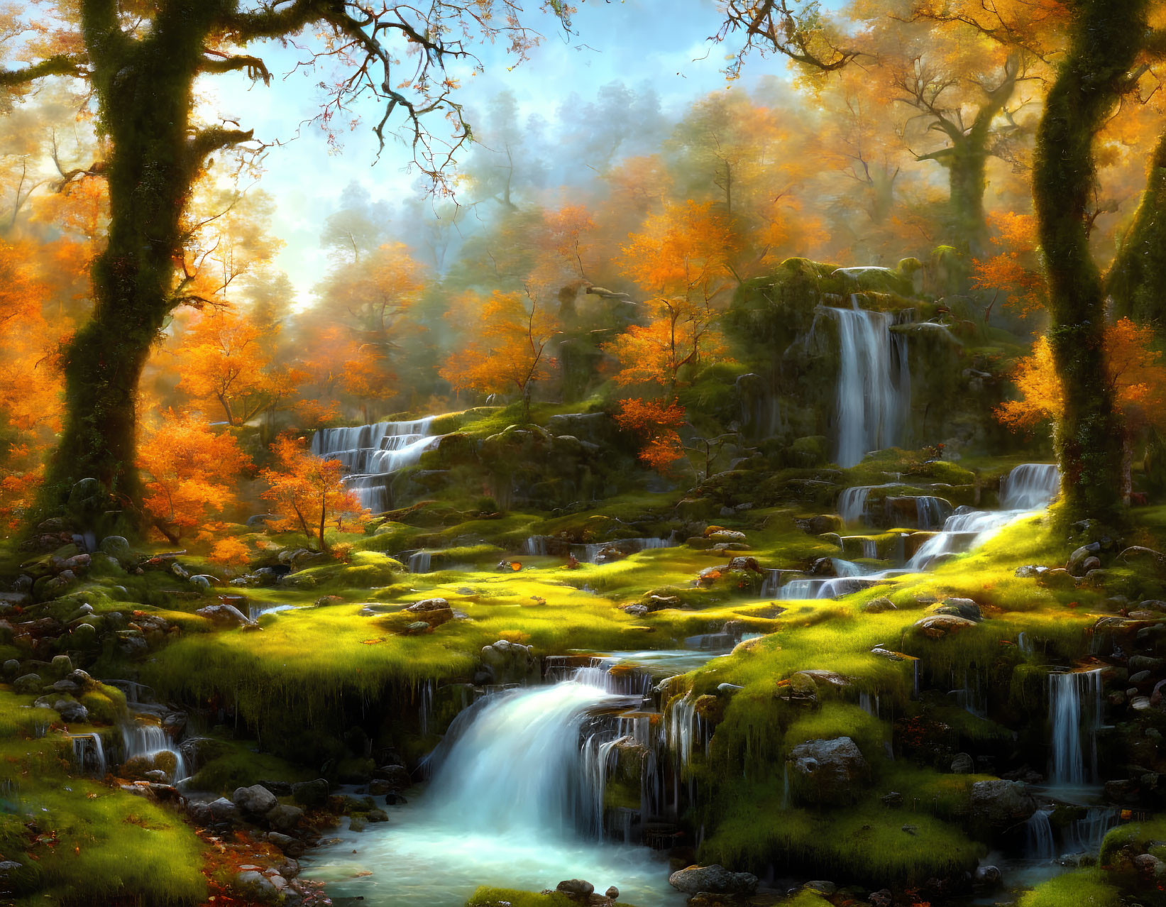 Tranquil autumn landscape with cascading waterfalls and vibrant orange trees