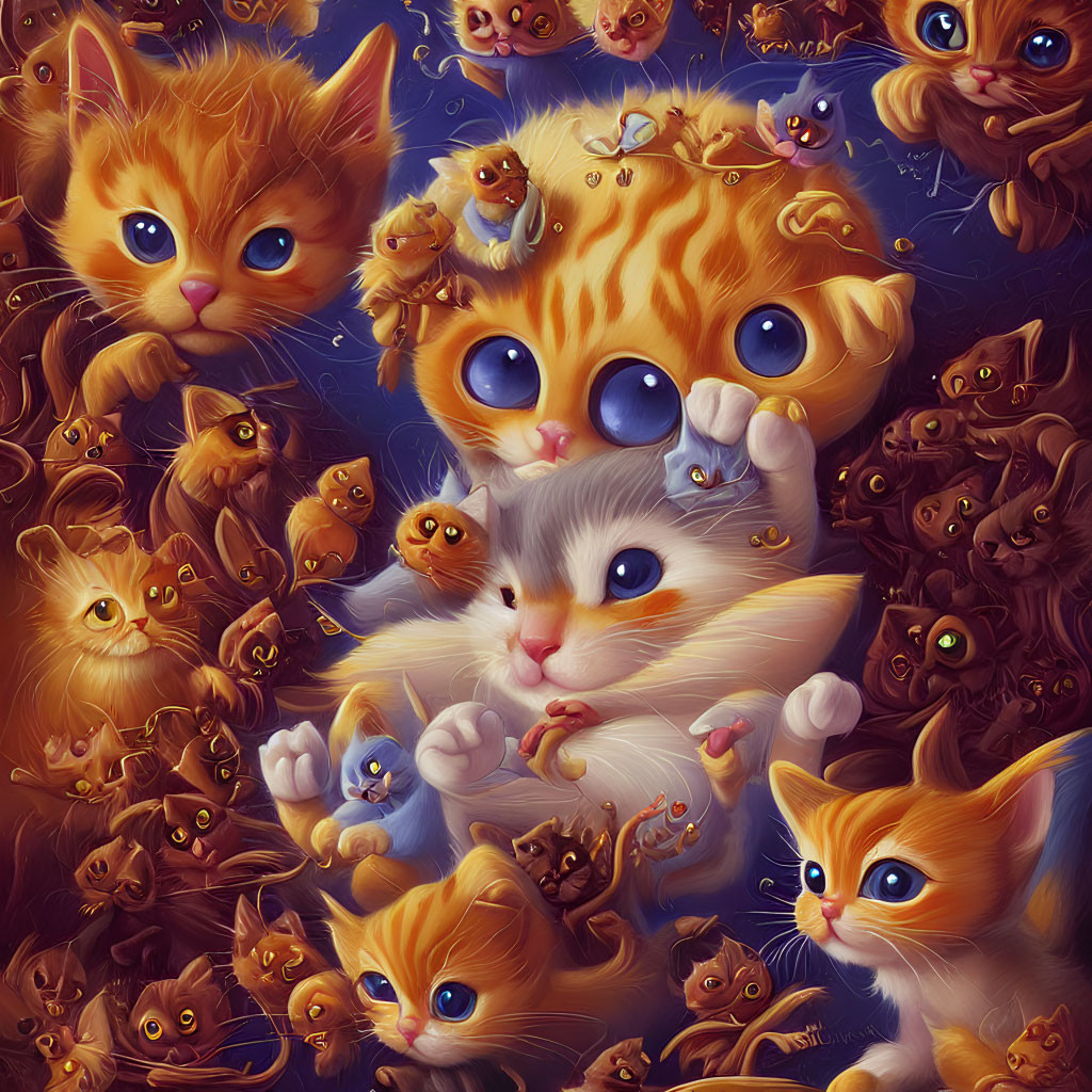 Colorful Cartoon Cats Illustration with Big-Eyed Kittens