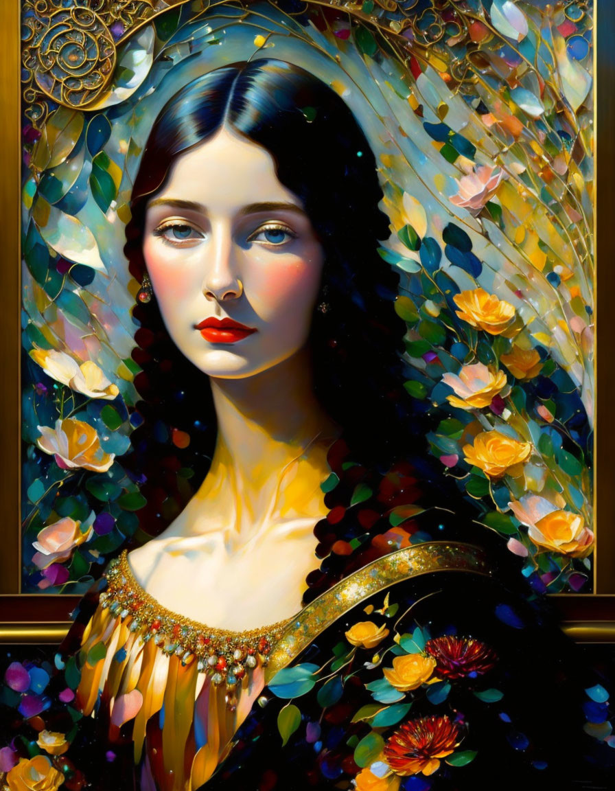 Colorful portrait of woman with dark hair and red cheeks, adorned with flowers and jewels in golden frame