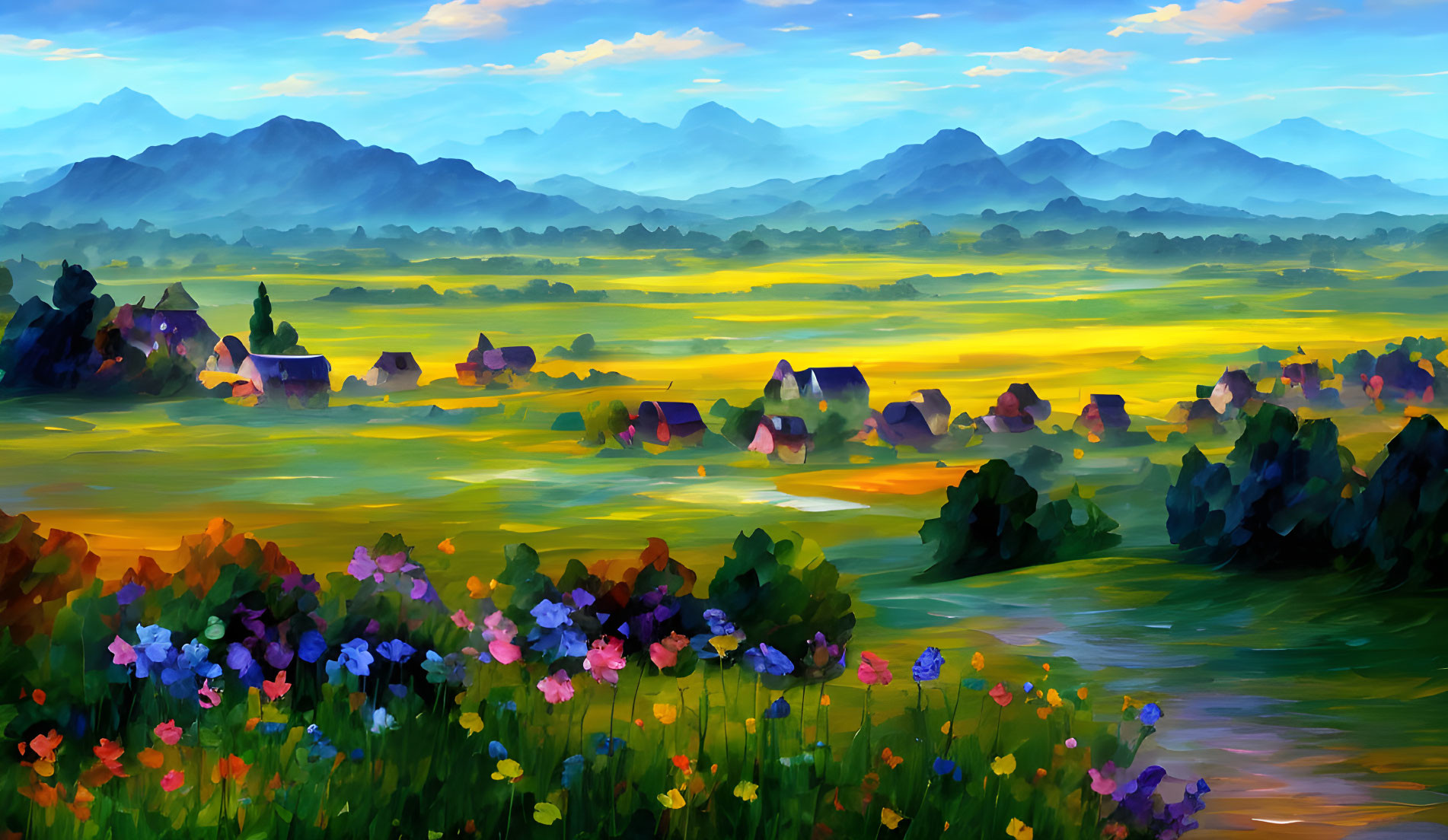 Colorful Landscape Painting: Meadow, Houses, Mountains