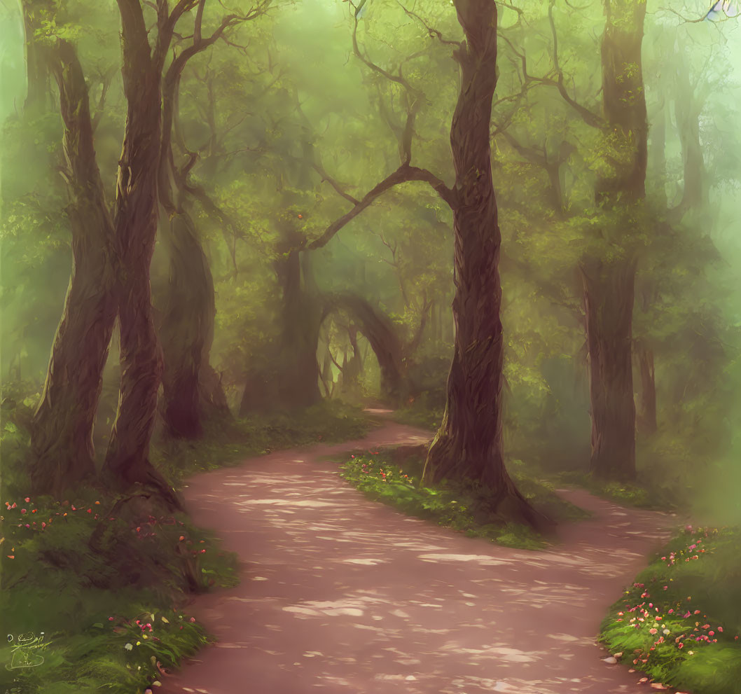 Tranquil forest path with towering trees and soft green light