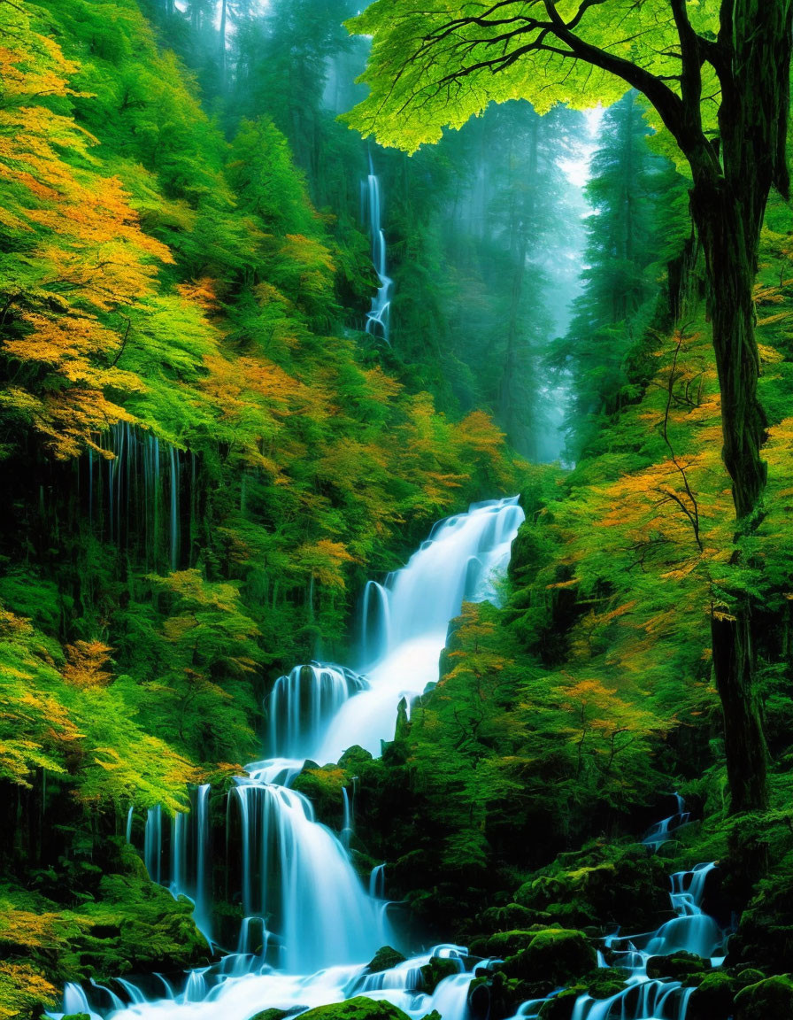 Autumn foliage waterfall in misty forest