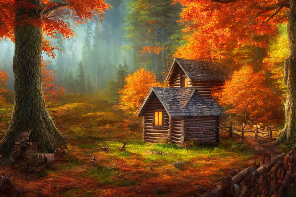 Rustic log cabin in autumn forest with sunlight filtering through trees