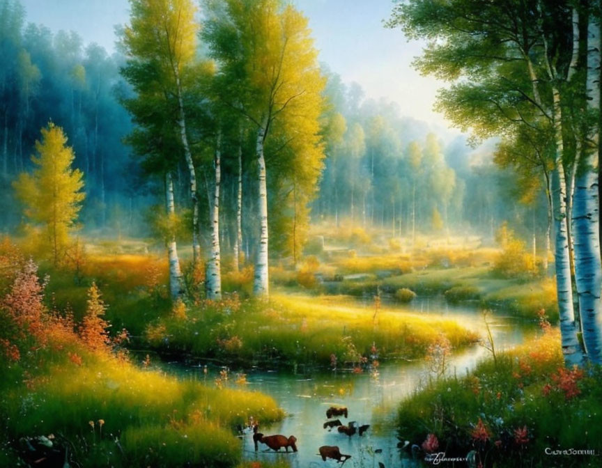 Tranquil forest scene with birch trees, stream, and deer in autumn.