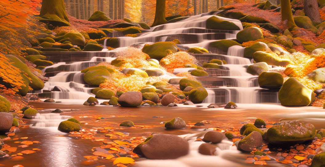 Tranquil waterfall in autumn forest with moss-covered rocks