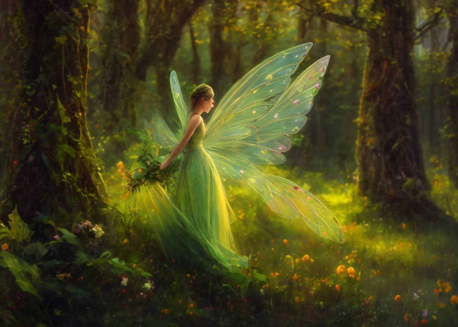 Translucent-winged figure in sunlit forest scenery