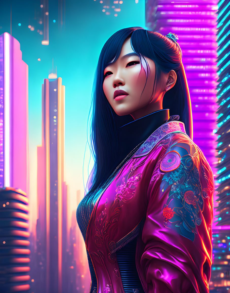 Vibrant embroidered jacket on woman in futuristic cityscape at dusk