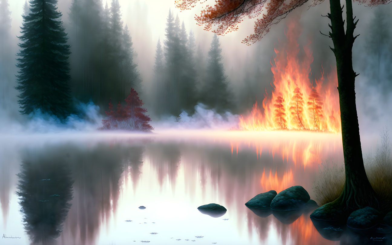 Tranquil lakeside view with forest fire and mist reflection