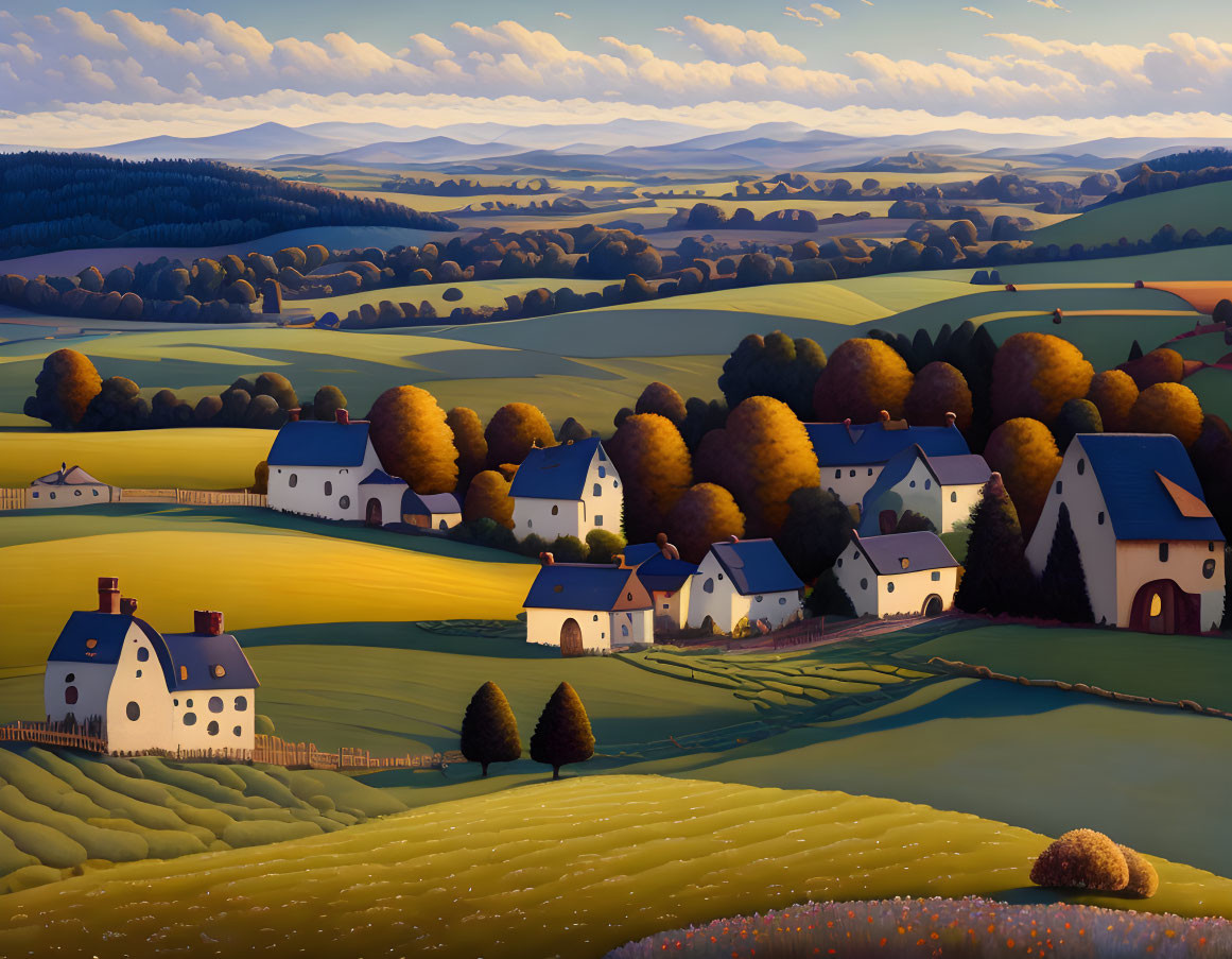 Rolling hills and red-roofed houses in golden-hour light