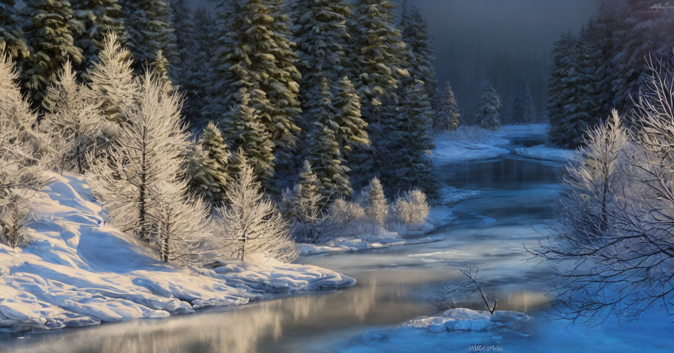 Snow-covered trees and river in serene winter scene