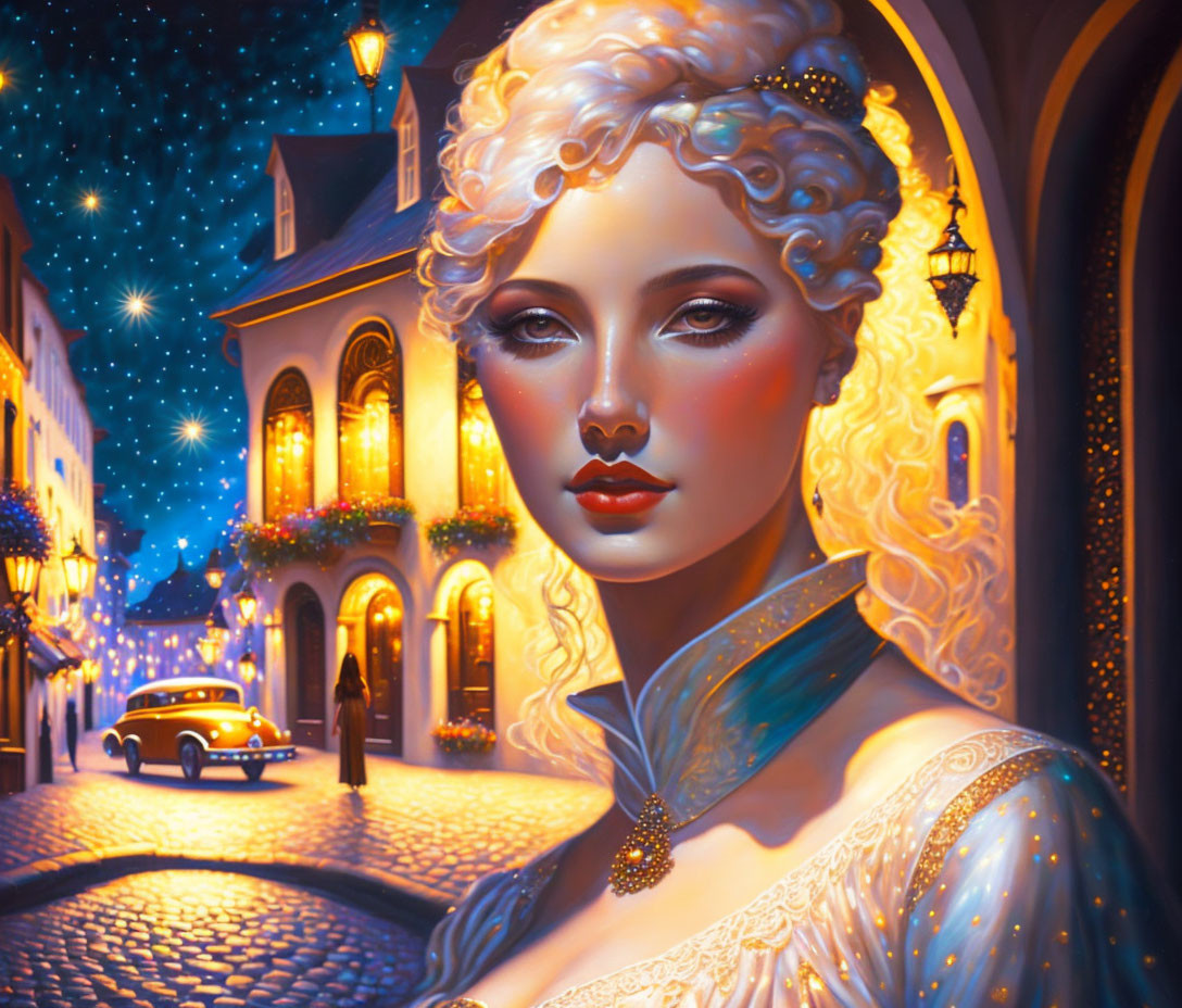 Illustrated portrait of fair-skinned woman in surreal night scene