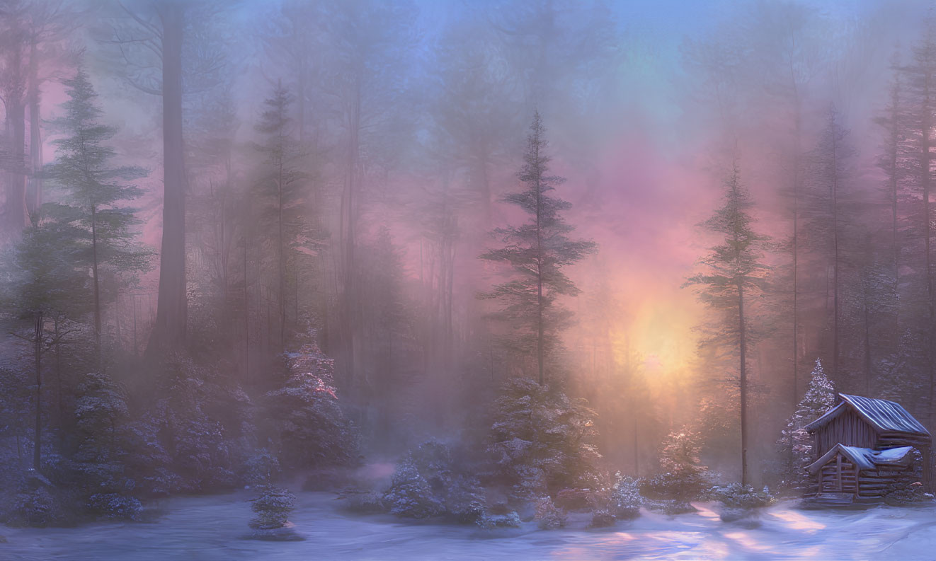 Snowy Forest Cabin at Sunset: Misty Pine Trees and Warm Glow