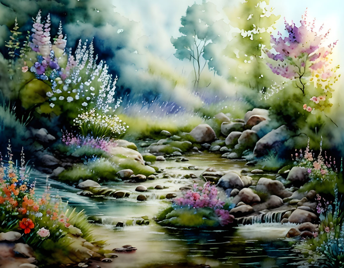 Tranquil Watercolor: Stream in Flowering Landscape